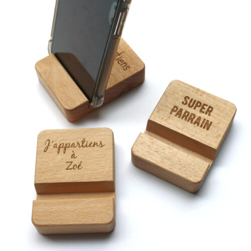 Support téléphone personnalisé en bois, gravé avec votre texte