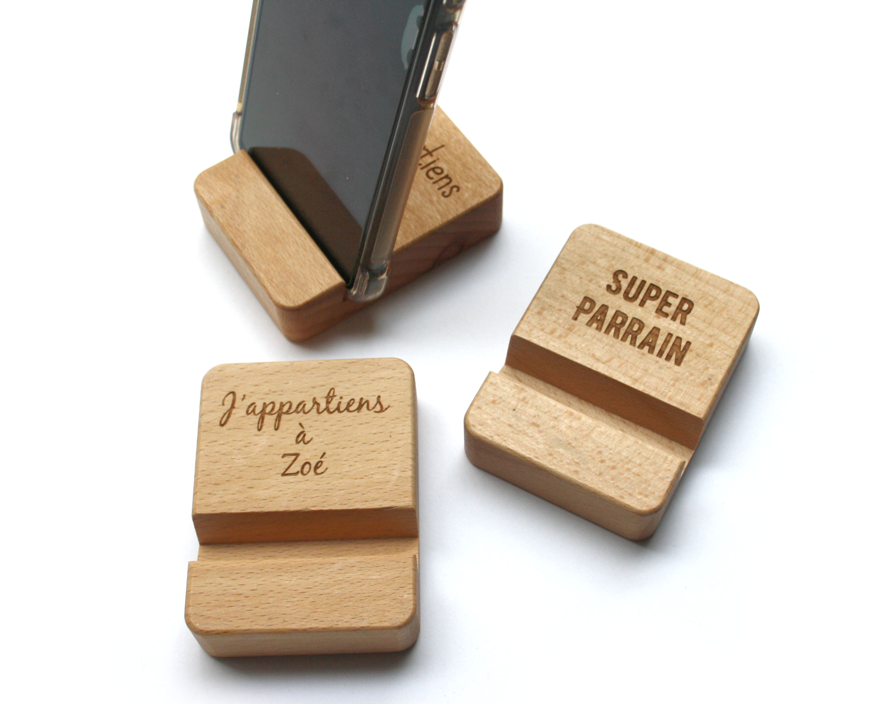 Support téléphone personnalisé en bois, gravé avec votre texte